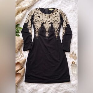 Gianni Bini Black Dress Gold Embroidered Lace Long Sleeve XS
